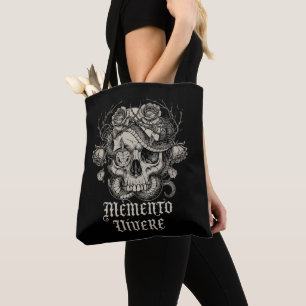 Memento Vivere Gothic Skull with Snake and Roses Tote Bag