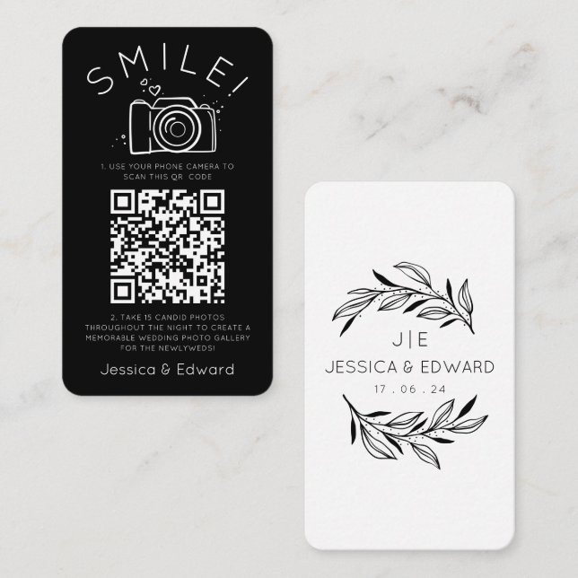 Memorable Photos Qr Code Black Chic Modern Wedding Place Card (Front/Back)