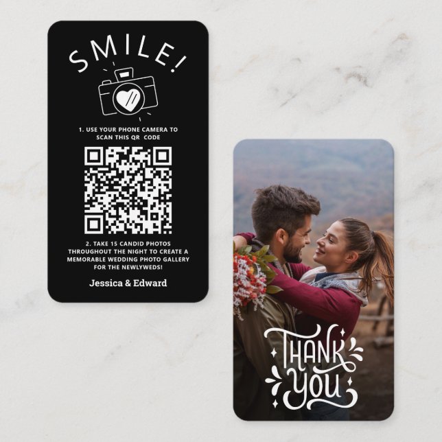 Memorable Photos Qr Code Black Chic Modern Wedding Place Card (Front/Back)
