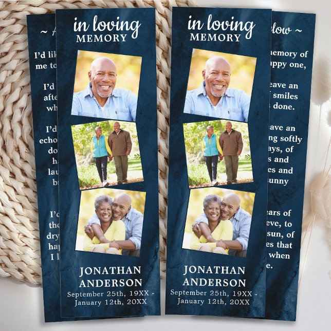 Memorial 3 Photo Blue Funeral Prayer 2 Bookmarks (Creator Uploaded)