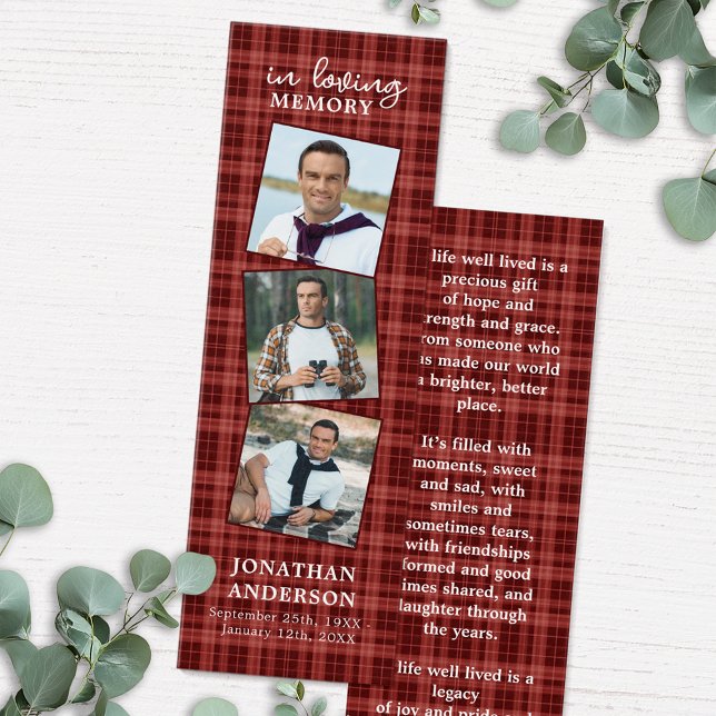 Memorial 3 Photo Funeral Prayer Bookmark Plaid (Creator Uploaded)