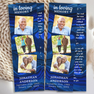 Memorial 3 Photo Funeral Prayer Bookmarks Blue  