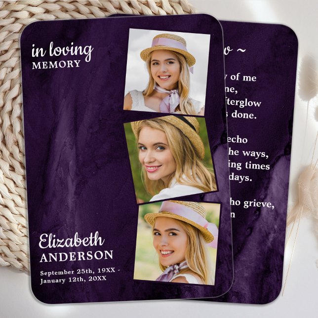 Memorial 3 Photo Funeral Prayer Card Purple Marble (Creator Uploaded)