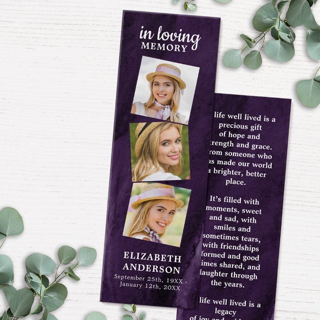 Memorial 3 Photo Purple Funeral Prayer Bookmark (Creator Uploaded)