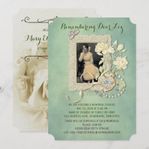 Memorial Add Your Photo Butterfly Roses Pearls Invitation
