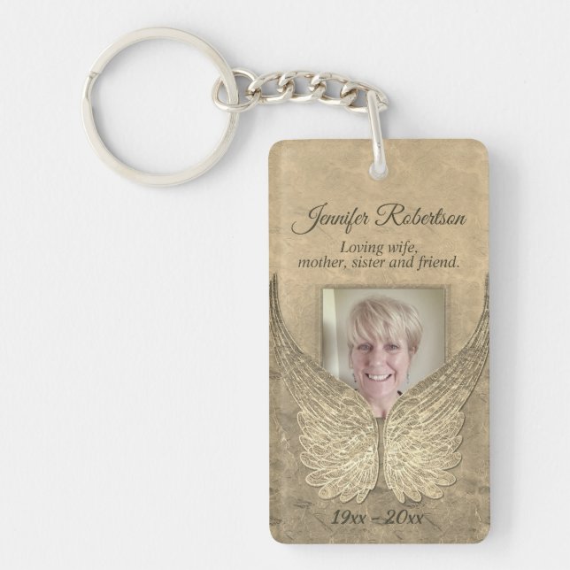 Memorial Angel Wings Add Photo Gold Key Ring (Front)