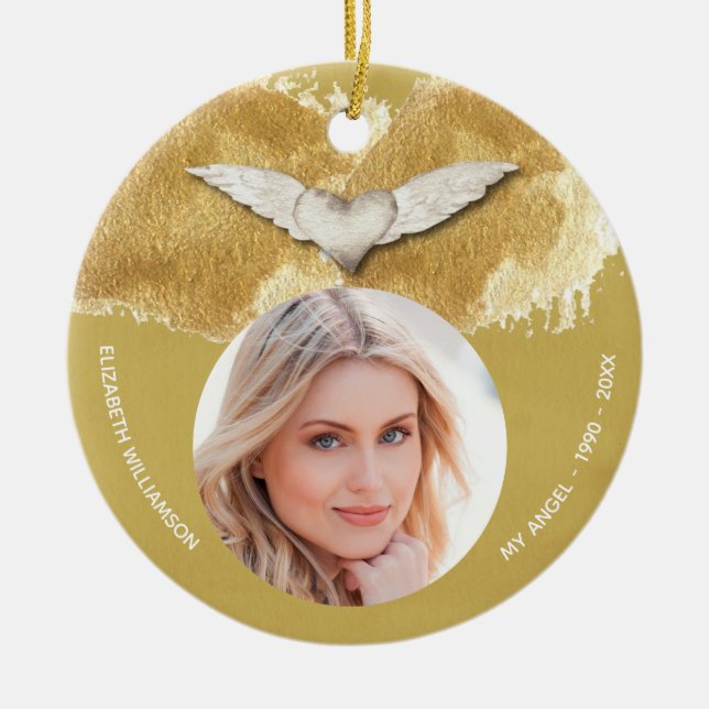Memorial Angel Wings Keepsake Photo Ceramic Ornament (Front)
