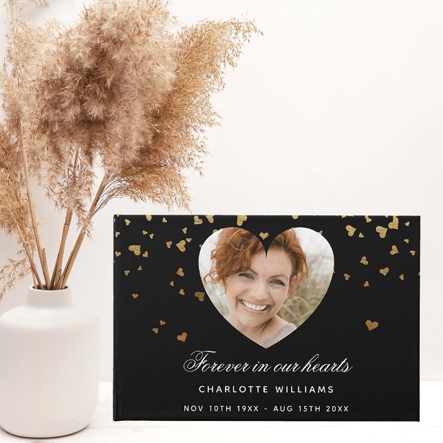 Memorial black gold hearts photo guest book (Creator Uploaded)