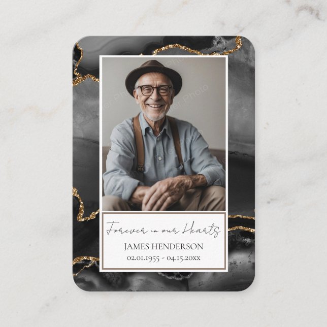 Memorial Black Gold Stone Photo Funeral Keepsake Business Card (Front)