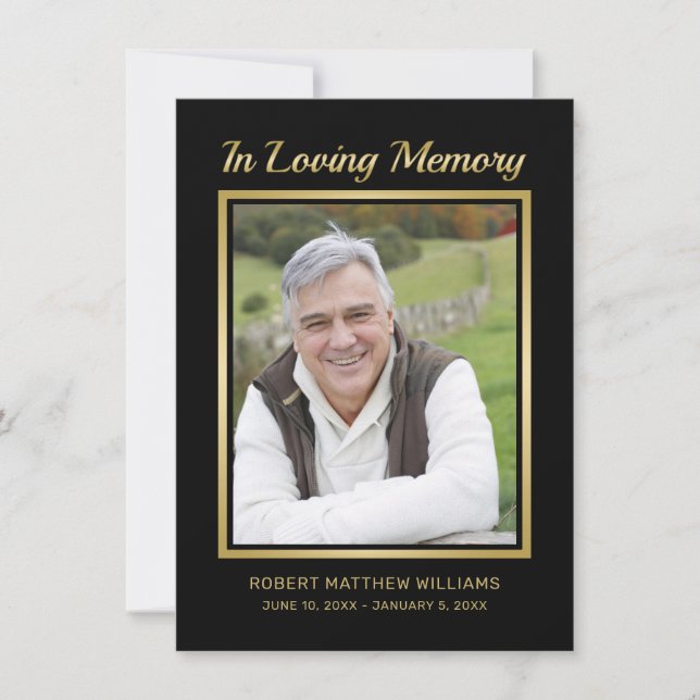 Memorial Black Gold Typography Photo Sympathy Thank You Card (Front)