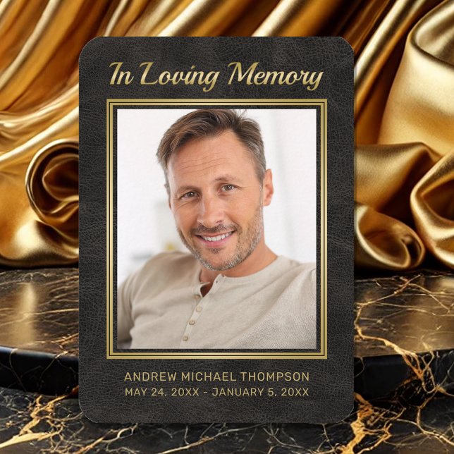 Memorial Black Leather Gold Photo Funeral Card (In Loving Memory Black and Gold Faux Leather Photo Funeral Card)