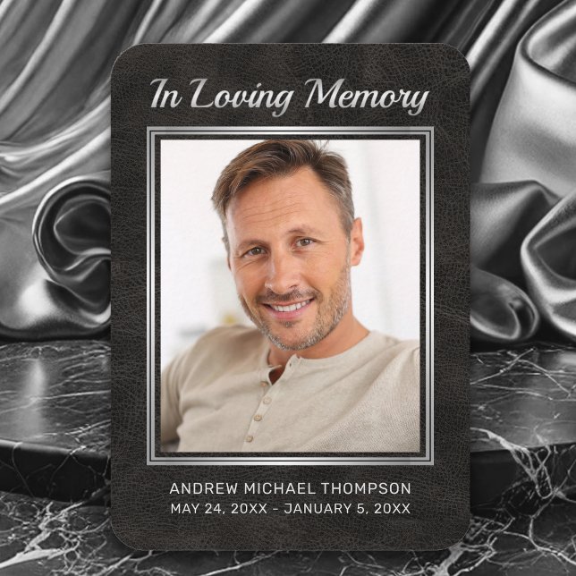 Memorial Black Leather Silver Photo Funeral Card (In Loving Memory Faux Black Leather with silver Photo Funeral Card with Poem)