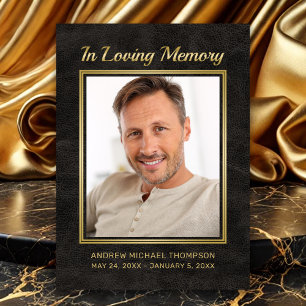 Memorial Black Leather with Gold Photo Sympathy Thank You Card