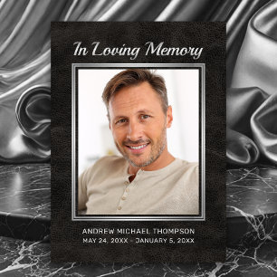 Memorial Black Leather with Silver Photo Sympathy Thank You Card