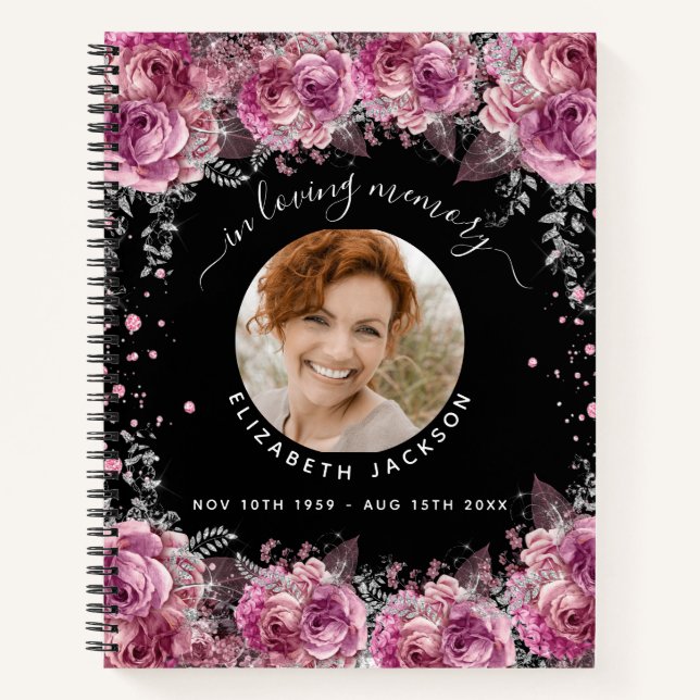Memorial black pink florals photo funeral notebook (Front)