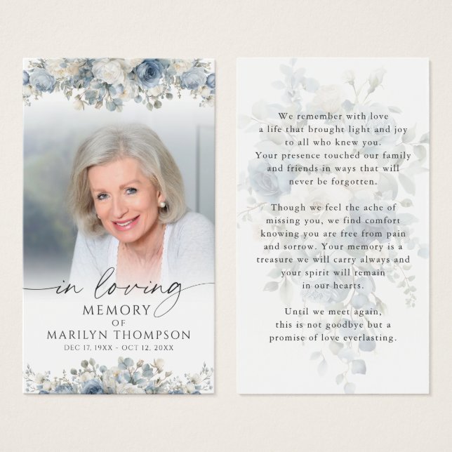 Memorial Blue Floral Photo Funeral Prayer Card (Front & Back)