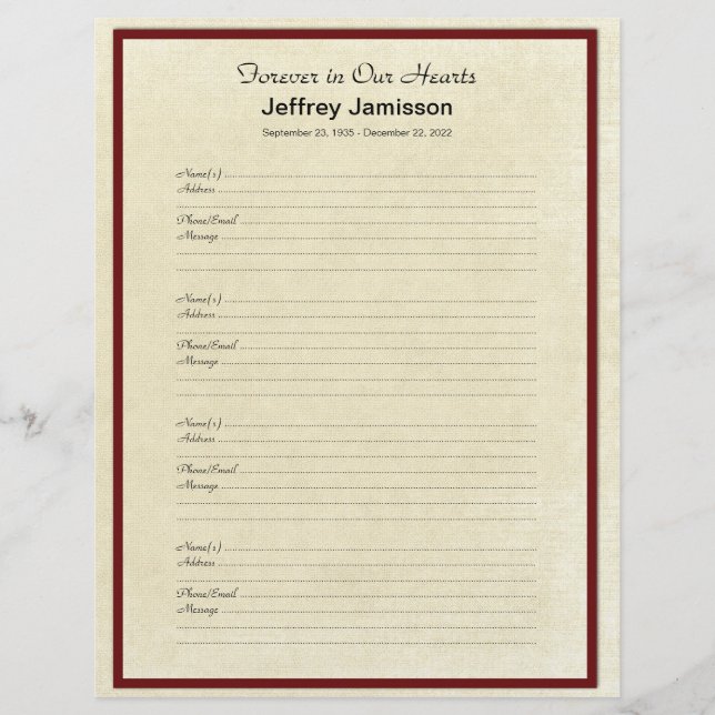Memorial Book Filler Sign-In Page 4 Names per Page (Front)