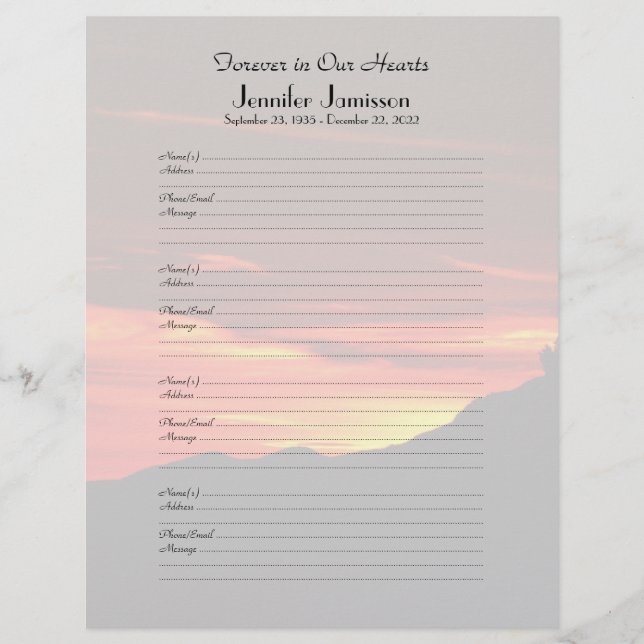 Memorial Book Filler Sign-In Page Kolob Sunset (Front)