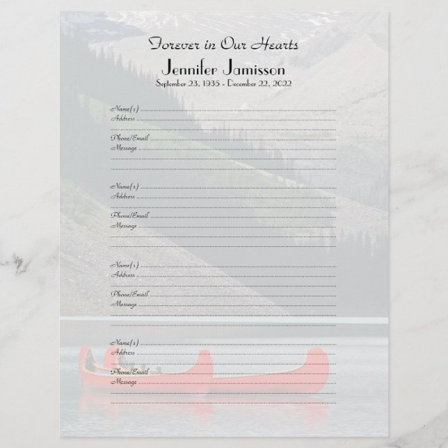 Memorial Book Filler Sign-In Page Mountain Canoes (Front)