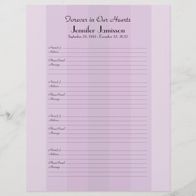 Memorial Book Filler Sign-In Page Purple Stripe (Front)