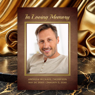 Memorial Brown Leather with Gold Photo Sympathy Thank You Card