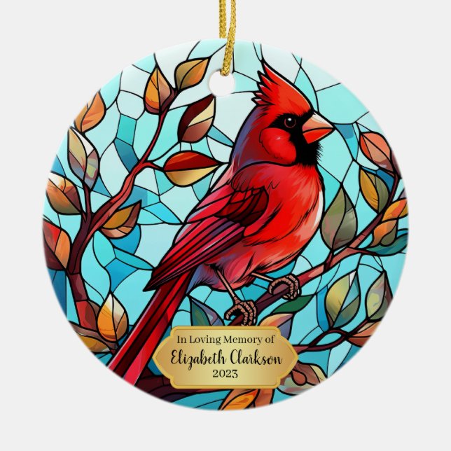 Memorial Cardinal Stained Glass  Ceramic Ornament (Front)