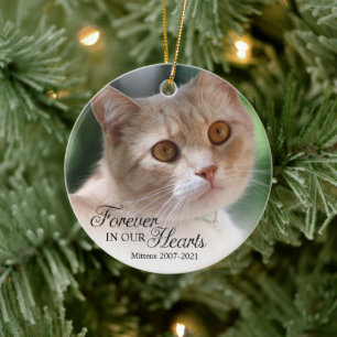 Memorial Cat Photo Forever In Our Hearts Christmas Ceramic Ornament