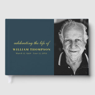 Memorial Celebrating Life Funeral Navy Gold Photo Guest Book