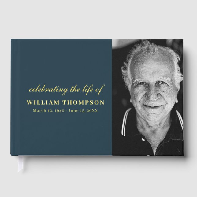 Memorial Celebrating Life Funeral Navy Gold Photo Guest Book (Front)