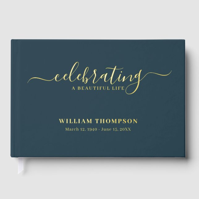 Memorial Celebrating Life Of Funeral Navy Gold Guest Book (Front)