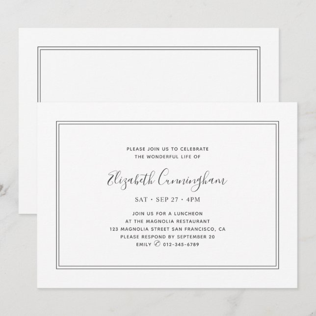 Memorial Classic Simple Chic Elegant Frame Invitation (Front/Back)