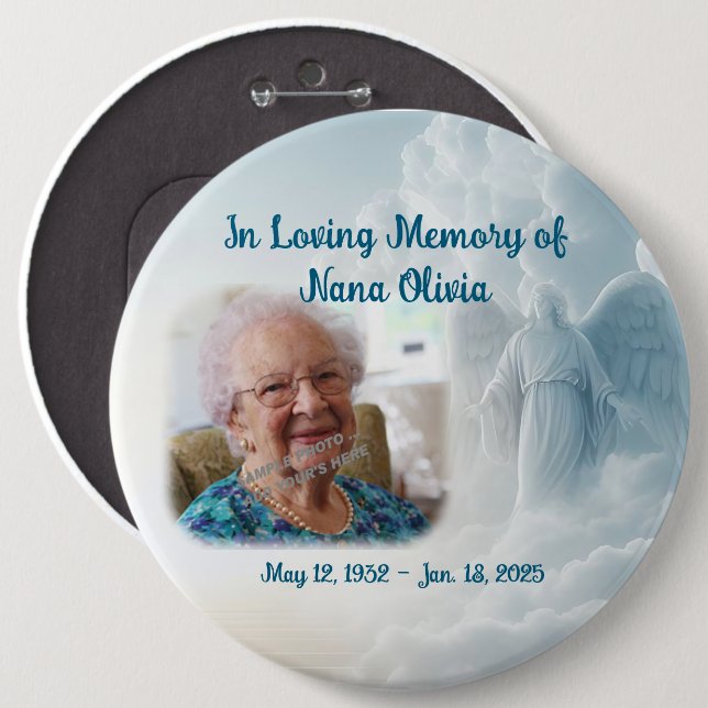 Memorial Clouds & Angel LARGE Pin Button Photo (Front & Back)