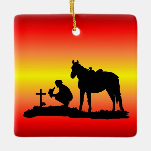 Memorial Cowboy At Grave Silhouette Ornament (Front)