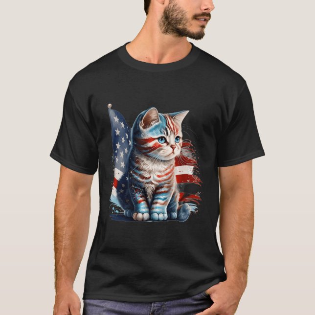 Memorial Day 4Th Of July Patriotic Usa Flag Cat T-Shirt (Front)