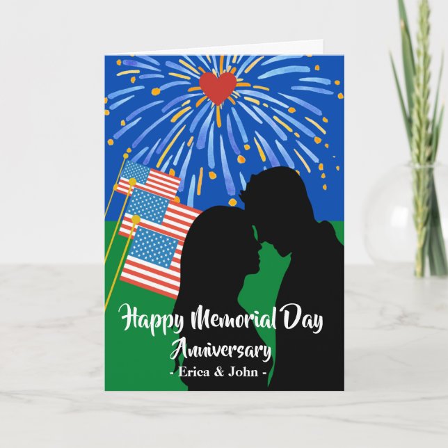 Memorial Day Anniversary Flags Fireworks Couple Card (Front)