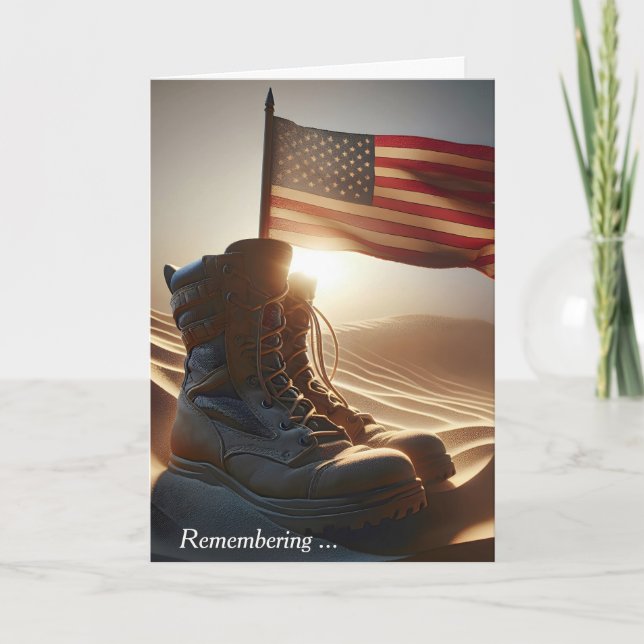 Memorial Day Combat Boots and Flag In Desert Sand Card (Front)