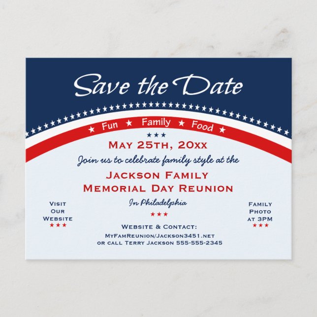 Memorial Day Family Reunion, Party, Save the Date Announcement Postcard (Front)