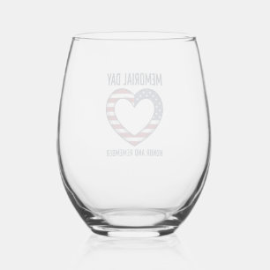 Memorial Day Heart Honour and Remember Shirt Desig Stemless Wine Glass