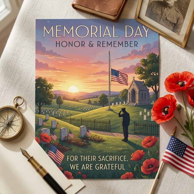 Memorial Day Illustrated Soldier Saluting Poppies Holiday Postcard (Creator Uploaded)