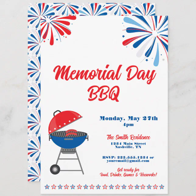 Memorial Day Party BBQ Patriotic Red White Blue Invitation | Zazzle