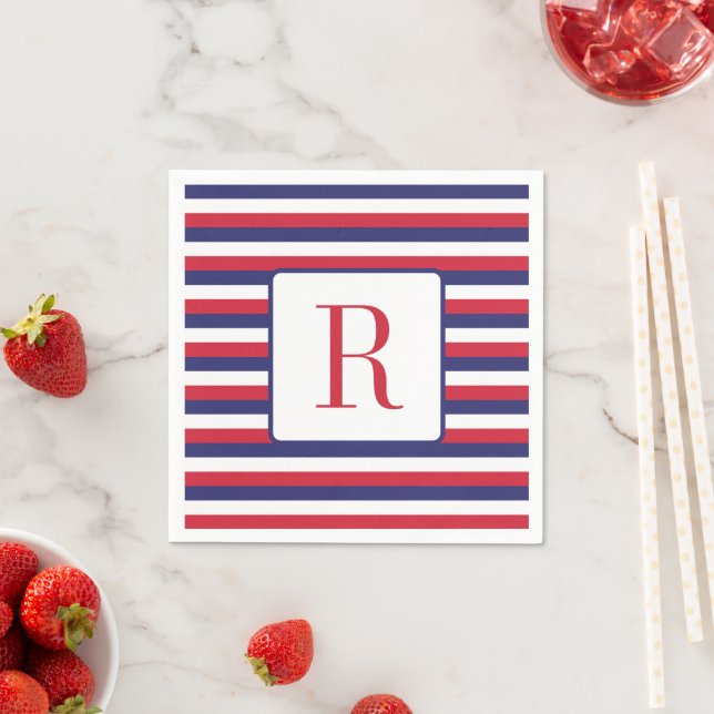Memorial Day Party Monogram Red White and Blue Napkin (Insitu)