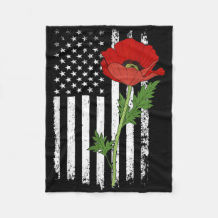 Memorial Day Red Poppy American Flag Veteran Milit Fleece Blanket