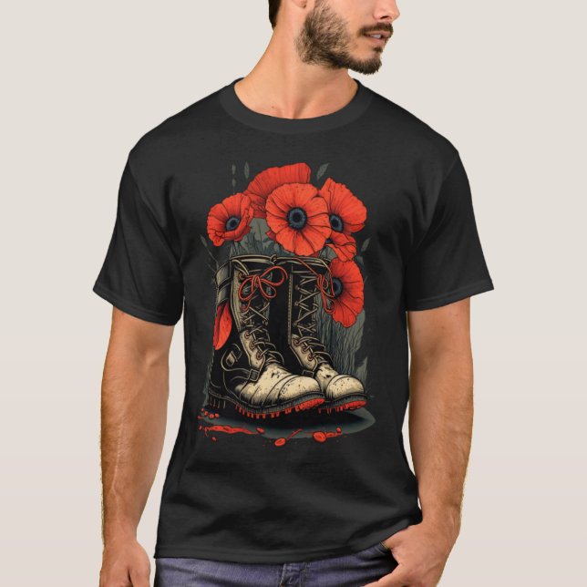 Memorial Day Red Poppy Flower Military Boots 4th o T-Shirt (Front)