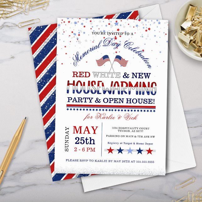 Memorial Day Red White New Housewarming Party Invitation (memorial day housewarming party invitations with patriotic red white and blue new house inivtes)