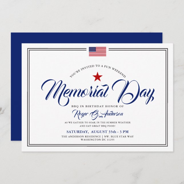 Memorial Day Themed Patriotic Birthday Party Invitation (Front/Back)