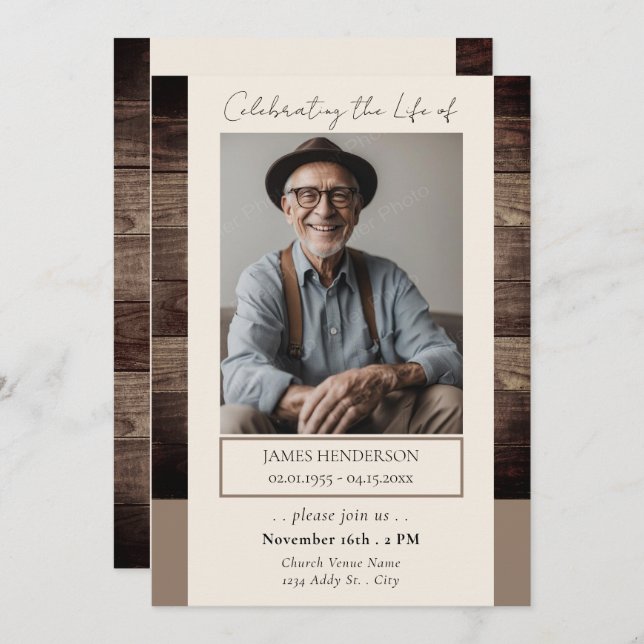 Memorial Floral Rusitc Wood Photo Funeral Invitation (Front/Back)