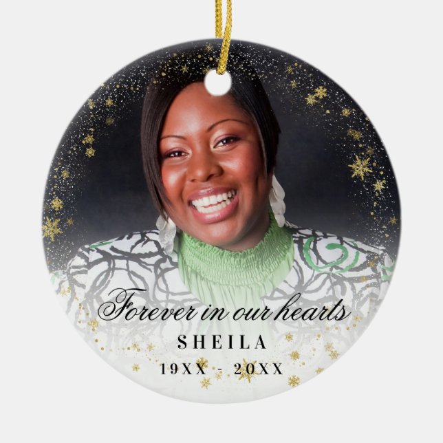 Memorial forever photo gold snow ceramic ornament (Front)