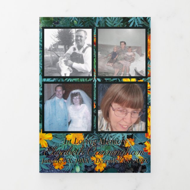 Memorial Four Photos on Marigold Background   Tri-Fold Announcement (Cover)