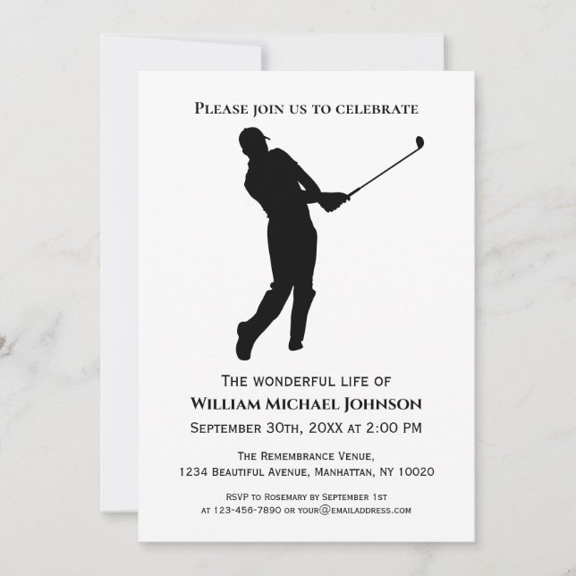 Memorial Funeral Black And White Golf Player Invitation (Front)