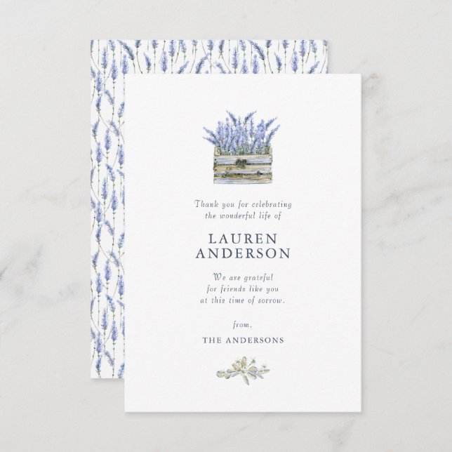 Memorial Funeral Country Rustic Lavender Florals Thank You Card (Front/Back)